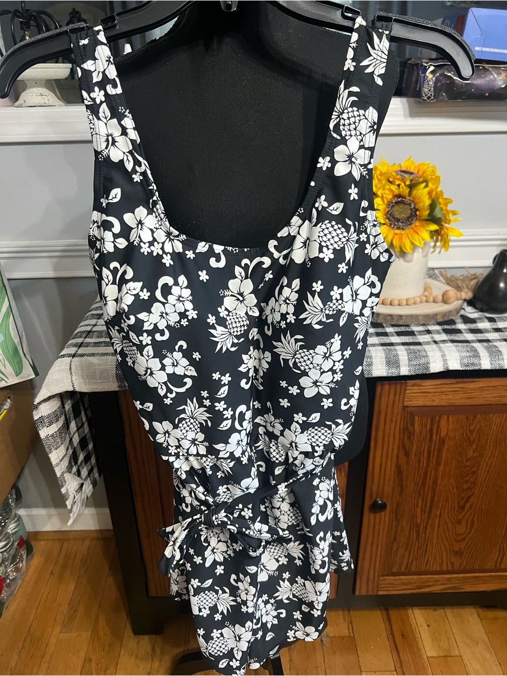Blair- Black & White Floral Tie-Waist Swimsuit Dress NWT
